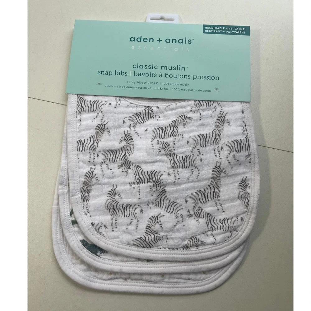 Aden + Anais Essentials Classic Muslin Snap Bibs 3 Pack Zebra Safari Dot NEW